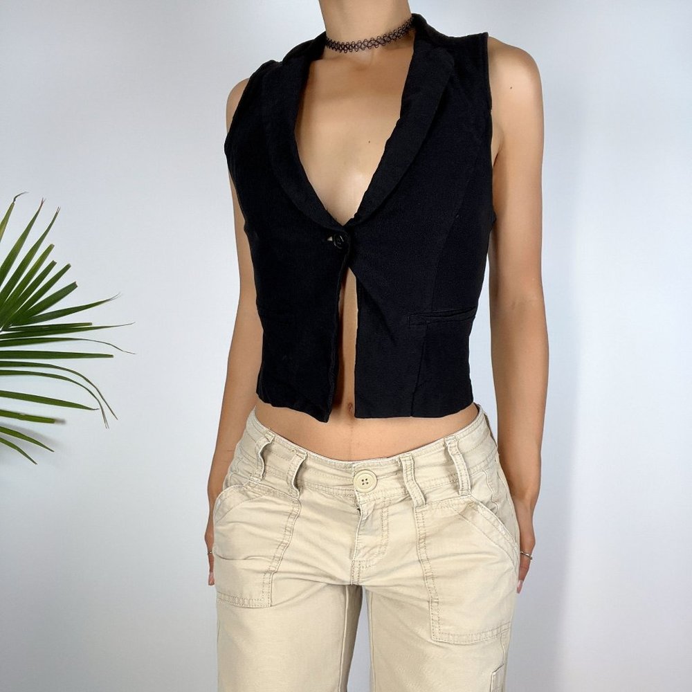 Vintage Y2K Indie Grunge Black Open Belly Button Vest Top / Size: Small